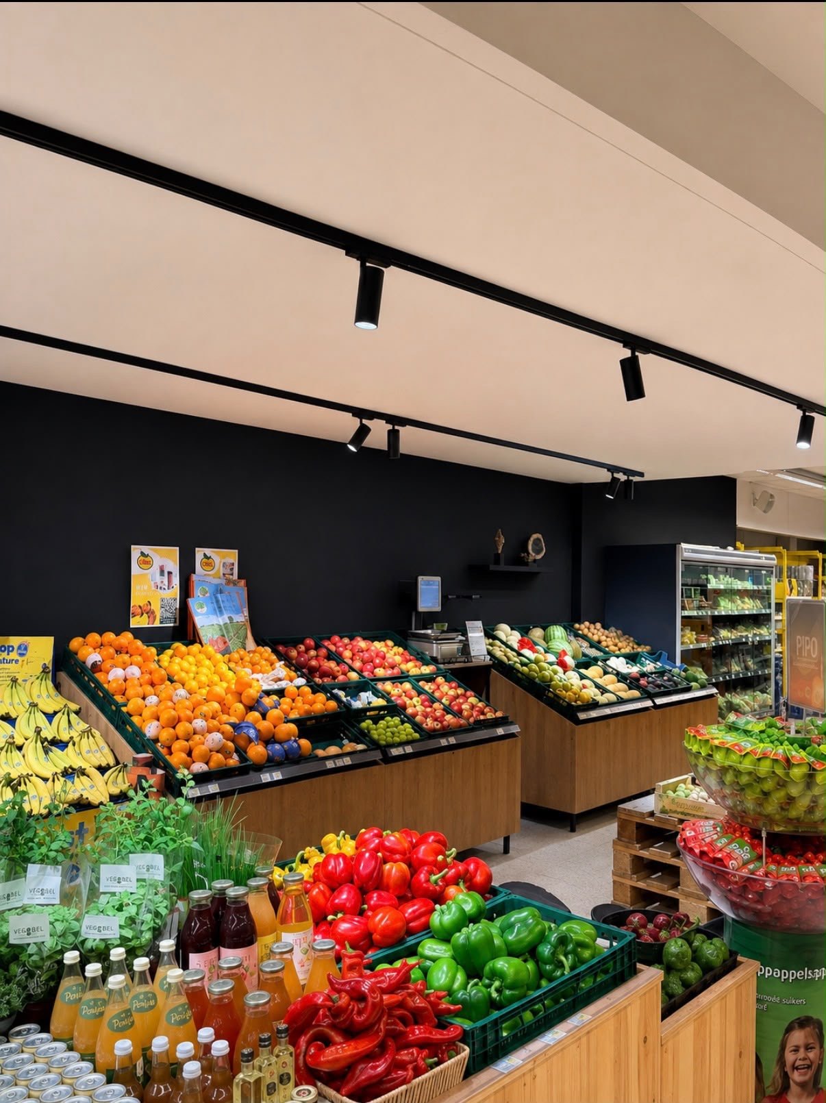 Professionele winkel met zwarte trackverlichting en verse producten